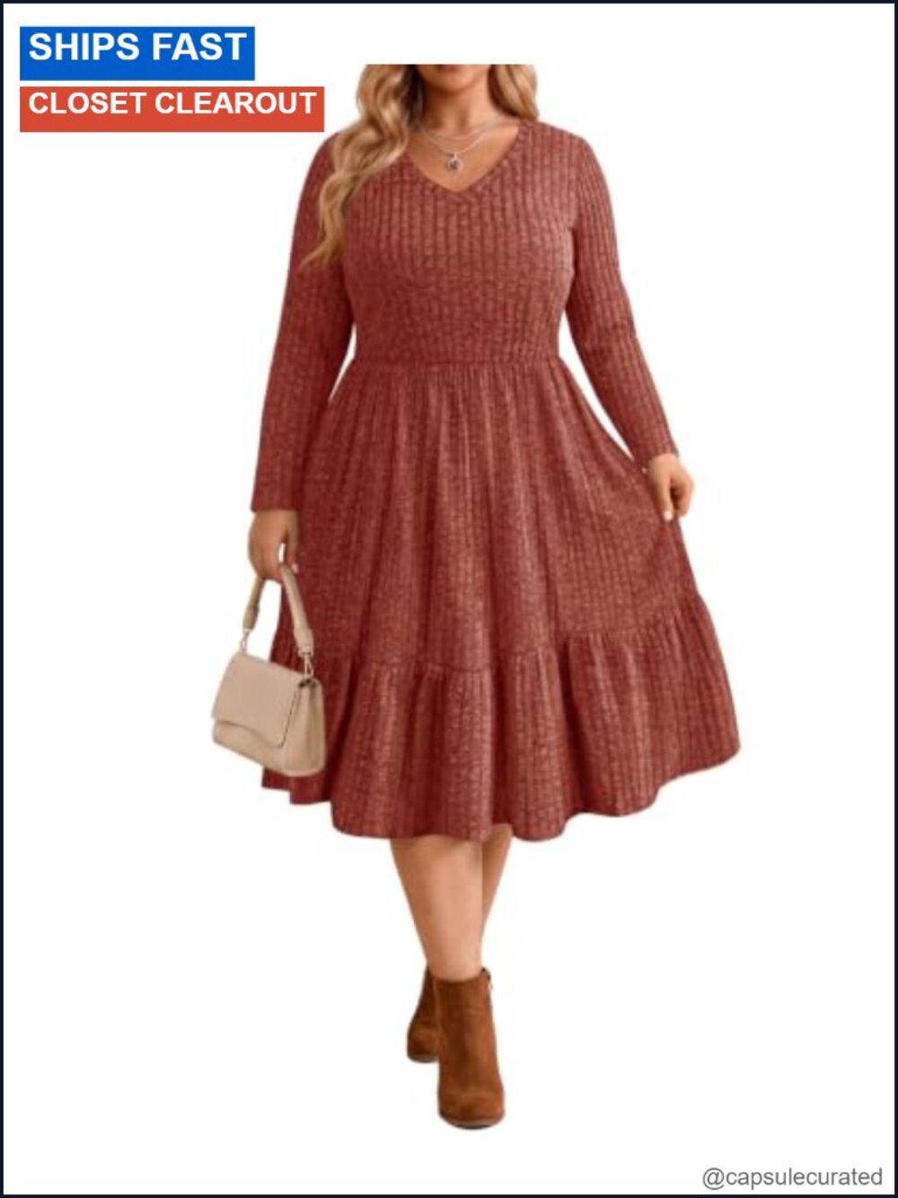 Plus Size Long Sleeve Sweater Dress with Pockets, Crew Neck Casual Knee Length